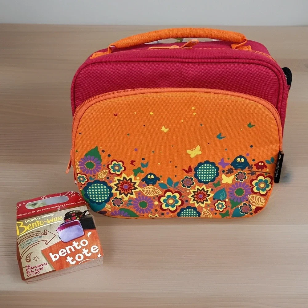 Bento Tote Lunch Box Laptop Lunches Insert ORANGE PINK Design Flowers Birds NEW